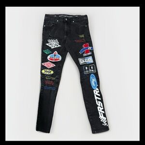 First Row Straight Stretch Jeans Men’s 28x32 Racing Patch Straight Leg
